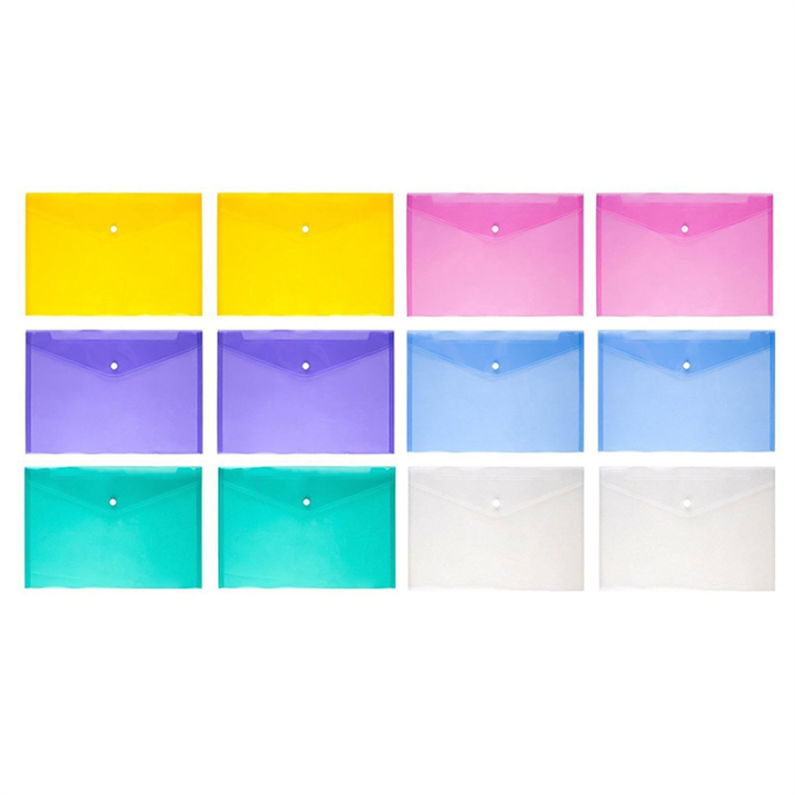 12Pcs Multi File Envelope PVC Snap Button File Bag 6 Colors Plastic with Business Card Holder File Bag