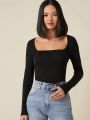Square Neck Fitted Full Sleeve Tee – Cotton Blend, Slim Fit, Casual Wear, Size S-XL. 