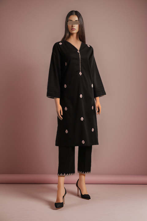 Saya Stitched Solid Embroidered Cotton   (Shirt/Trouser) 2 Piece Suit For Women and Girls - Color: Black - Fabric: Cotton - Collection: Noor By Saya - Design code: WP2S-316 - KW: Matching Separates, dress for girls , dressess for women