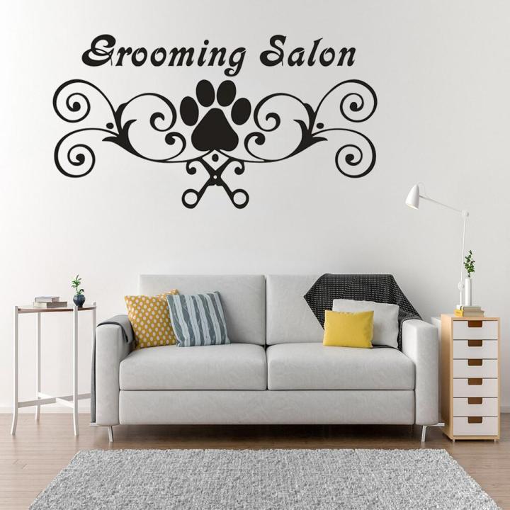 Grooming Salon Wall Decals Dog Paw Print Vinyl Poster Pet Shops Decor Pets Grooming Scissor Wall Art Sticker Pet Shop