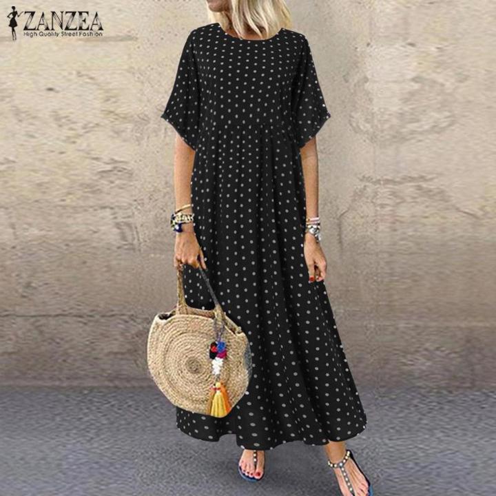 【ALLGOOD】Women Flared Short Sleeve Summer T-Shirt Dress Polka Dot Long Maxi Dress