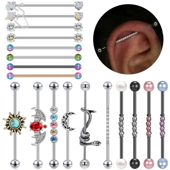 ZS 1 PC Bat Snake Shape Stainless Steel Long Industrial Piercing For Women Men 14g CZ Crystal Ear Helix Piercings Jewelry 38MM