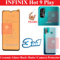 Infinix Hot 9 Play Matte Glass Antishock Hybrid Film Ceramic  + Back Protector Carbon Fiber Matte Soft Skin Sheet + Camera Glass Lens Protector Premium Quality Complete Glass For Infinix Hot 9 Play. 