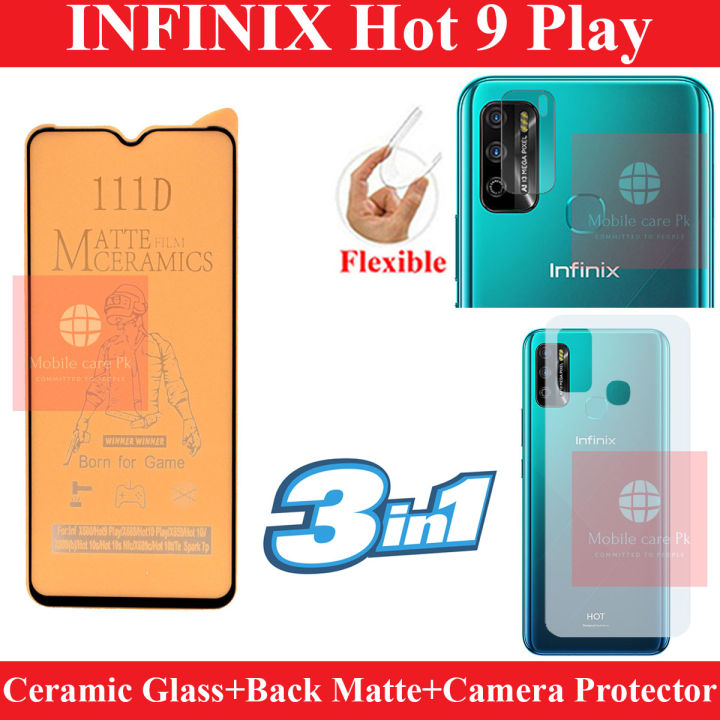 Infinix Hot 9 Play Matte Glass Antishock Hybrid Film Ceramic  + Back Protector Carbon Fiber Matte Soft Skin Sheet + Camera Glass Lens Protector Premium Quality Complete Glass For Infinix Hot 9 Play