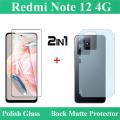 Pack of 2 - Xiaomi Redmi Note 12 4G Tempered Glass Screen Protector 2.5D Polish Glass Guard + Back Matte Protector Anti-Slip Soft Skin Sheet Film Protection Carbon Fiber With Sides Cover For redmi note12 4g - Transparent. 