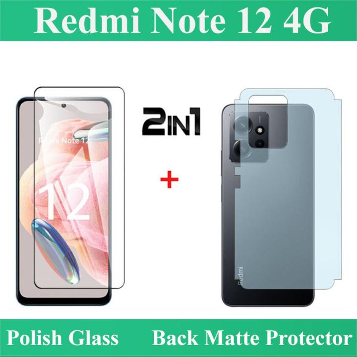 Pack of 2 - Xiaomi Redmi Note 12 4G Tempered Glass Screen Protector 2.5D Polish Glass Guard + Back Matte Protector Anti-Slip Soft Skin Sheet Film Protection Carbon Fiber With Sides Cover For redmi note12 4g - Transparent