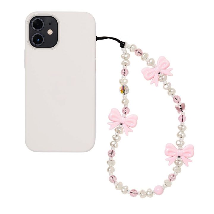strap wholesale mobile phone new korean pink bow mobile phone charm imitation pearl bead chain phone case cute mobile phone accessories