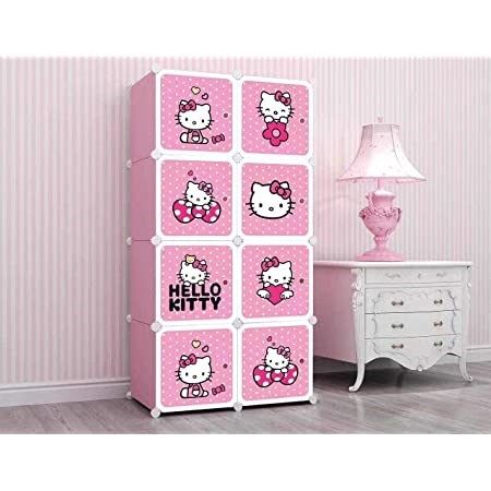HELLO KITTY 8 Cubic DIY (Nylone) Plastic Baby Clothes Cabinet Space Saver Organizer / Baby cupboard and Baby Hanging Wardrobe - 8 Cubes Storage Cabinet & Wardrobe For Kids With Hanging Rod