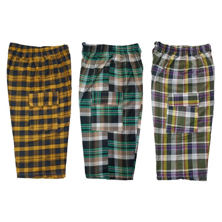 (Pack of 3) Men's Cotton Three Quarter Shorts with Pockets - Checkered Summer long Shorts for Men and Boys