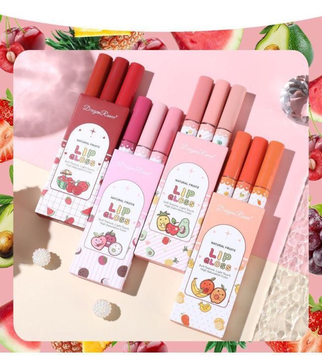 Dragon Ranee - 3pcs Fruit Lip Gloss Set Waterproof & Long-lasting