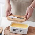 Elegant Porcelain Butter Dish with Knife, Large Ceramic Butter Dish with Lid and Natural Oak Wood Cover for Kitchen Decor and Accessories for Kitchen Gift, White. 