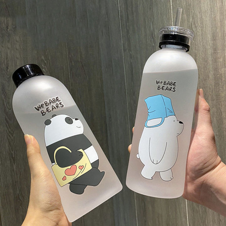 Cute Panda Bear Cup 1000ml Water Bottles With Straw Transparent Cartoon Water Bottle Drinkware Frosted Leak-proof Protein Shaker-Cola Kids