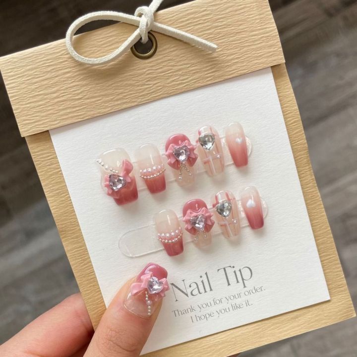10Pcs XS S M L Love Bow Handmade Nails Luxurious Full Cover with Rhinestone Press on Nails Pink White Lines with Tool Box Pure Manual False Nail Women Girl