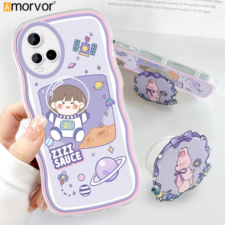 AMORVOR for Vivo Y33S / Y21 2021 / Y21S / Y21A / Y33T / Y21T Back Cover (With Free Holder) Space Girl Soft Wavy Phone Case Camera Protection Transparent TPU Soft Cover
