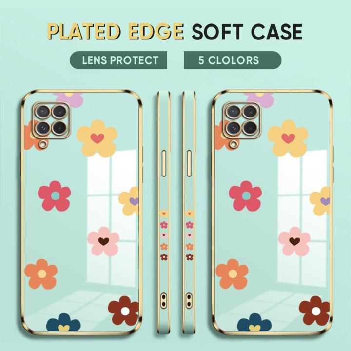 (Free Lanyard) Luxury 6D Plating Case for Samsung Galaxy M62 F62 Back Cover Color Cartoon Flowers Side Pattern Soft Silicone Square Phone Cases