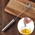 Semi-Automatic Egg Beater 12 Inches Coffee Whisker Hand Push Beater Full Length Stainless Steel Egg Whisk Manual Hand Mixer Self Turning Egg Stirrer Kitchen Egg Tools.. 