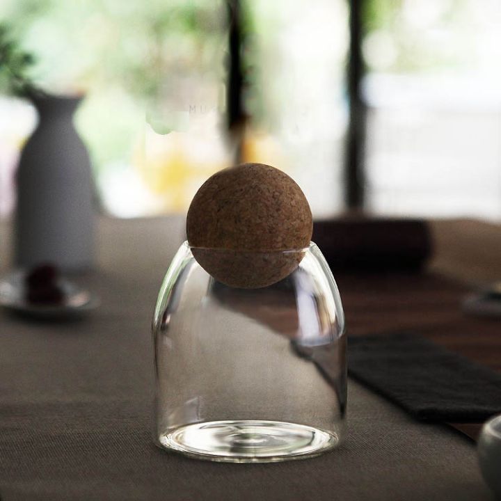 Techmanistan Clear Glass Kitchen Jar With Wooden Bamboo Airtight Seal Ball Cork Stopper Lid For Spice/Herbs/Cookies/Pasta/Candies/Stationery/Beads & Small Items