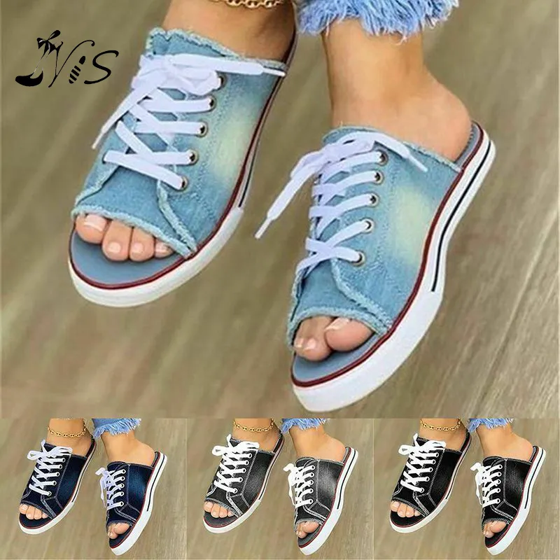 ALLGOOD Summer Season Beach Casual Holiday Flat Shoe Denim Lace Up Slippers For Women Daraz.pk