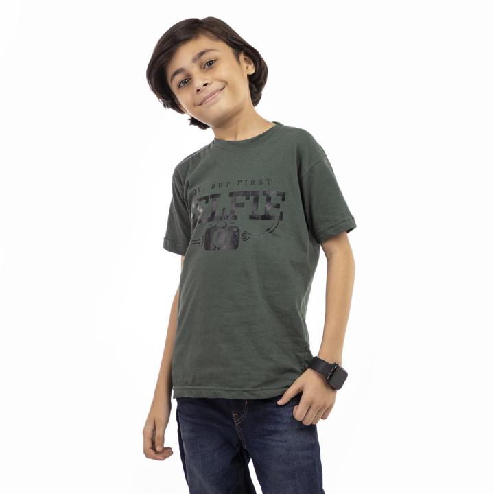 Spiffy Green Half Sleeves T-shirt for Boys (7-12 years) - Selfie Design - Stylish and Comfortable Tee