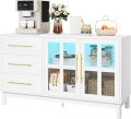 Arqam.B Sideboard Buffet Cabinet with Storage, Modern Coffee Bar Storage Cabinet with LED Light, 3 Drawers & 2 Acrylic Glass Doors, Wood Buffet Table for Kitchen, Living Room, White 8 (1) (To be customise). 