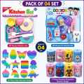 Pack of 04 Kids Educational Toy Gift Set – 09-Piece Kitchen Play Set + 08-Piece Doctor & Dentist Medical Kit + 01 Random Pop It Fidget Sensory Toy + 01 Wooden Money Box (Random Character Design) – Pretend Play Learning Toys for Boys & Girls Ages 3+ | Birt. 