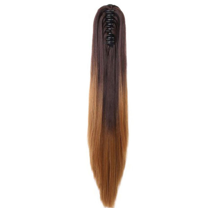 Clip-In Hair Extension Two Tone Ponytail Dip Dye Ombre Synthetic Hair Black Light Brown