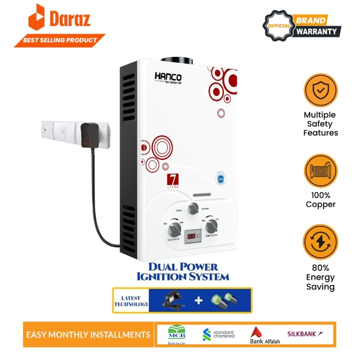 Hanco 7 Liters Instant Gas Geyser - Dual Ignition Tankless Water Heater | 100% 1KG Pure Copper Heat Exchanger | Digital Temperature Display | Works on LPG & NG | 1 Year Brand Warranty