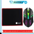 RGB Gaming Mouse With Mousepad - 7 Light Breathing Colours In Mouse & Red Medium Size Mouse Pad All Sides Stitched - USB Wired Gaming Mouse For PC & Laptop - No Side Button - Black & White. 