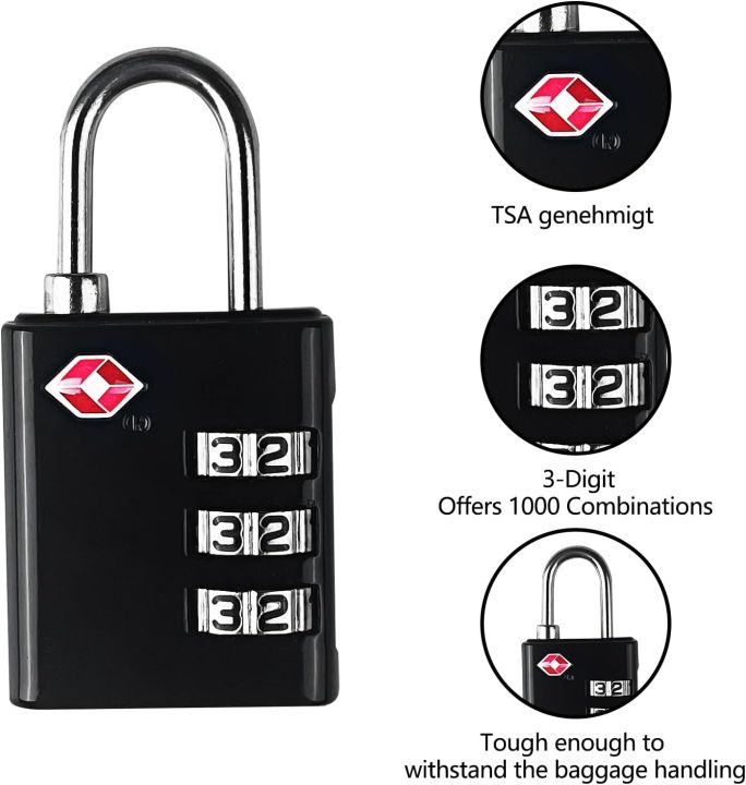 TSA Accepted 3-Digit Combination Lock for Suitcase & Baggage (Black)