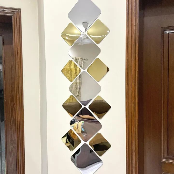 Pack of 12 Square acrylic 3D shape MIRROR STICKERS (CURVED EDGES), For home decor, wall decor, office and Washrooms