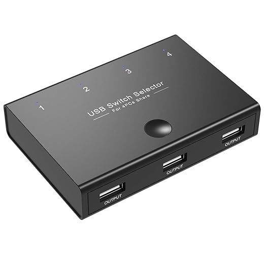 Rybozen USB Switch 4 Port USB 2.0 Share Switch for 4 PCs 4 in 3 Out USB KVM Switch with 4 USB B Cable for Printer Keyboard Mouse Scanner Black  a261 Switchhh b