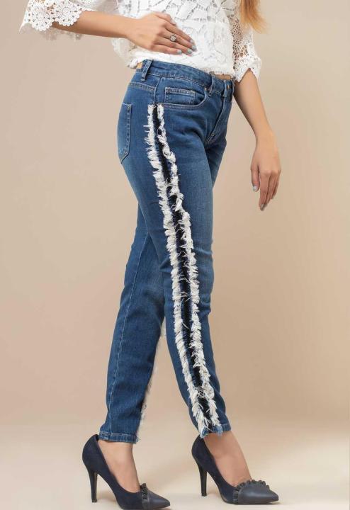 Ignite Womens Side Fringe Slim Fit Jeans - Mid Blue