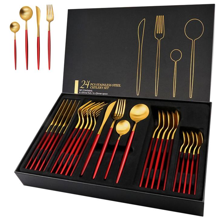 24pcs Luxury Stainless Steel Red And Golden Cutlery Set Fork Spoon And Knife Dinnerware