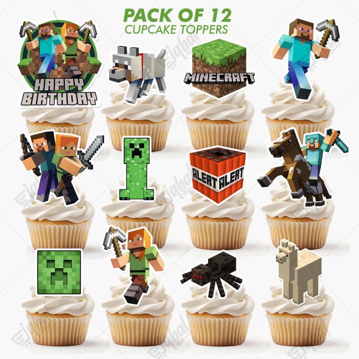 Minecraft Theme Cupcake Toppers, Pack of 12 Birthday Toppers for Boy & Girl Party Celebration & Birthday Cake Decoration