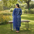 Women’s Unstitched 3 Piece Printed Suit – Design 4108–Kameez Trouser with Net Dupatta. 