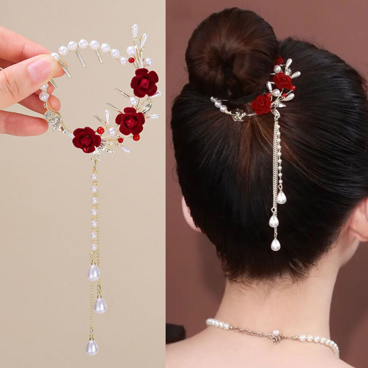 Ladies Vintage Red Rose Hairpin Hair Claw Elegant Fashion Headdress Women Back Hair Tassel Hairpin Headwear Accessories 1Pcs