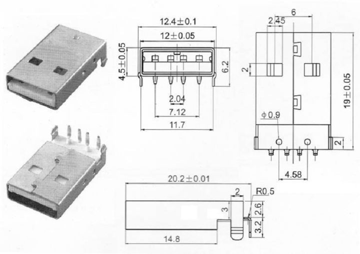 Printed circuit Board Mount USB Male Type A Connector (Pack of 20 pcs)