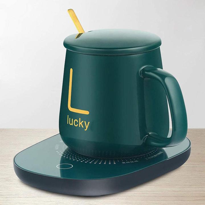 Coffee Mug-Warmer, USB Electric Coffee Cup Warmer for Desk, with Automatic On/Off to Keep Temperature Up to 104-122℉/ 40-50℃, Include Ceramic Mug, Cover, Spoon, Enjoy Anytime Hot Drinks,Green