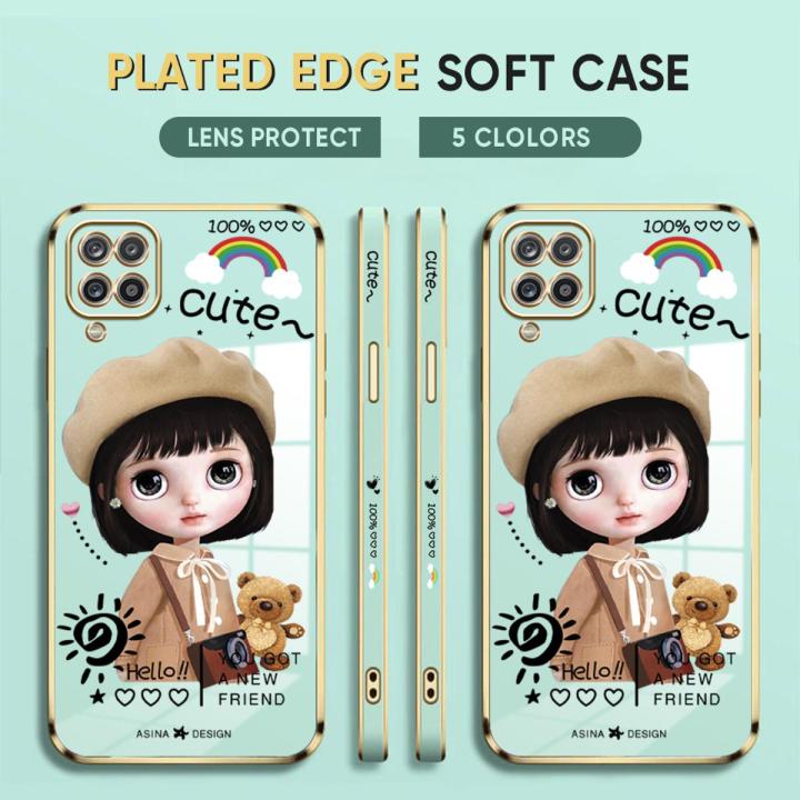 (Free Lanyard) Luxury 6D Plating Case for Samsung A12 5G Phone Cases Satchel Girl Side Print Soft Silicone Square Back Cover