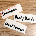 Toiletry Labels list- 25 piece- 2x1 inch size- only sticker- waterproof- 4 colors available- vinyl decal. 