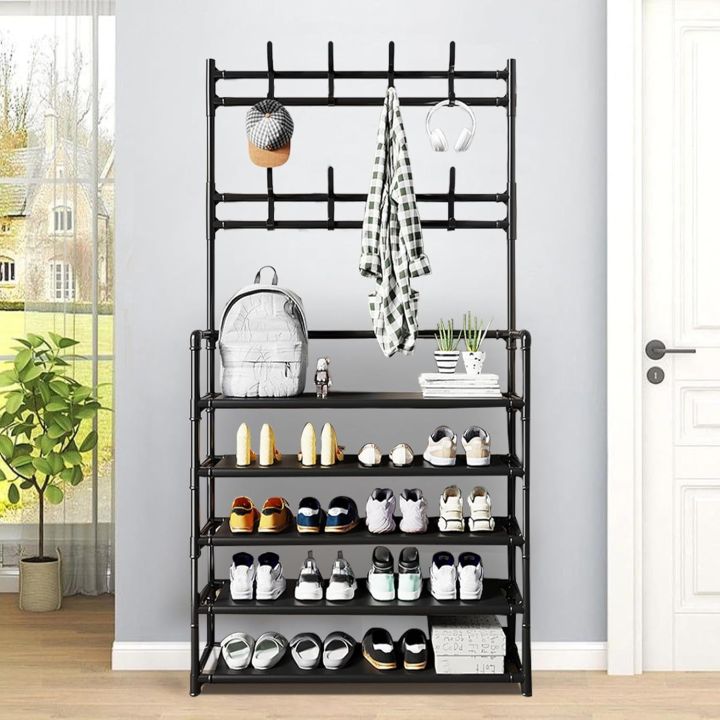 5-Layer Shoe and Coat Rack, 5-Tier Shoe Rack with Coat Hanger, Coat ...