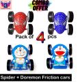 4 pcs - Spider and Doremon Double Sided Roll Back friction Car Toy for Kids. 