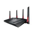 AC3100 Dual Band Gigabit WiFi Gaming Router with MU-MIMO, supporting AiProtection network security by Trend Micro, AiMesh for mesh WiFi system, and WTFast game accelerator. 