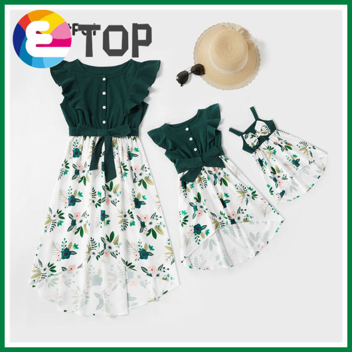 【ETOP】 Family Look Mommy and Me Floral Printed Ruffle Stitching Solid Dresses-Z