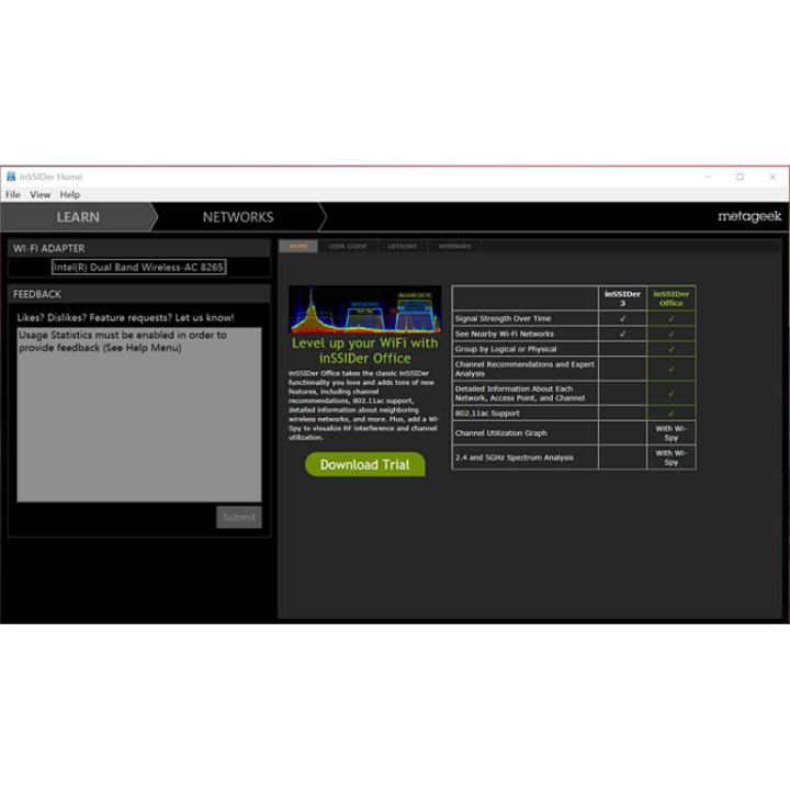 inSSIDer is a very easy-to-use wireless wifi analysis software, signal detection gadget, spectrum analysis