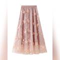 In stock Women's Long Tulle Skirt, Casual High Waist 3D Flower Embroidery Solid Color Midi Swing Skirt. 