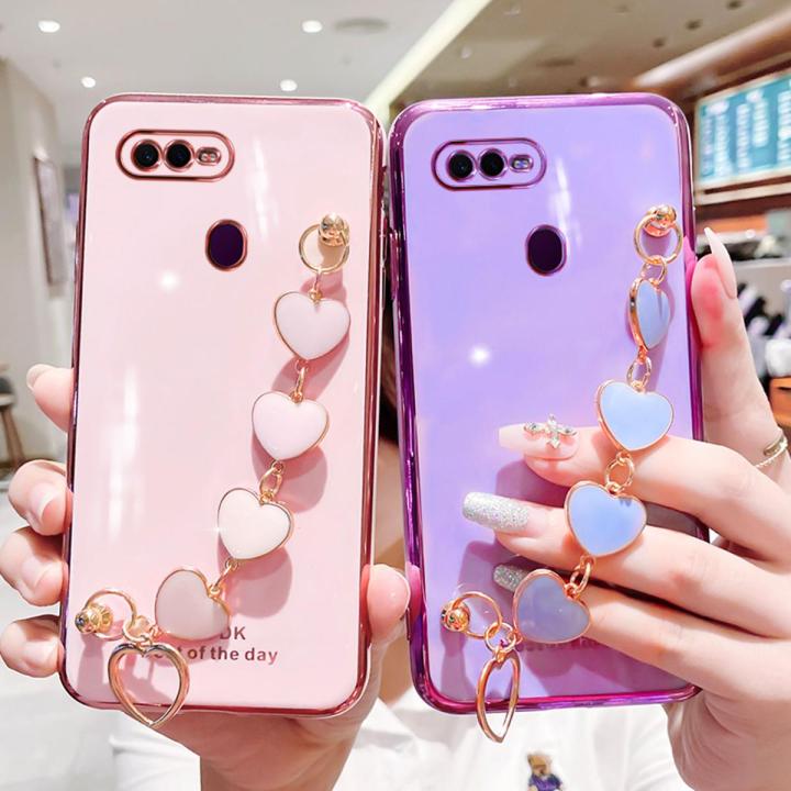 For OPPO A5s Back Cover with 3D Love Heart Wristband Chain Fashion Bracelet Shiny Plating Phone Case Soft Silicone Bumper Protective Cover