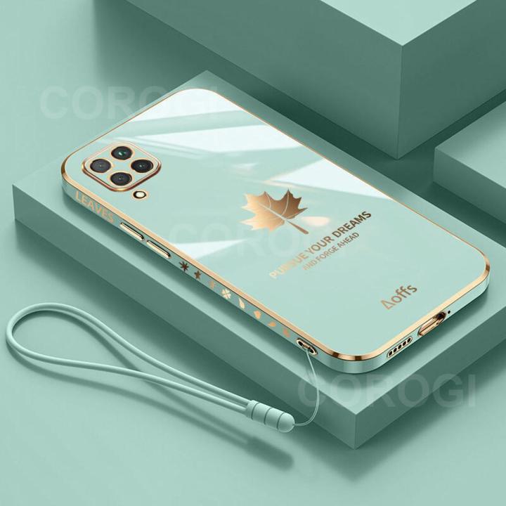 For Samsung Galaxy A12 / A12 Nacho Back Cover with Lanyard Fashion Shiny Plating Maple Leaf Design Camera Lens Protection Square Edge Soft Silicone Protective Phone Case