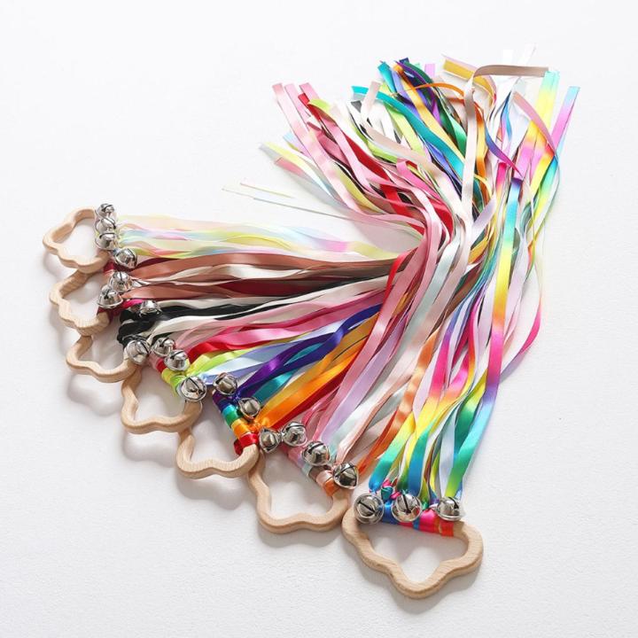 Rainbow Hand Ribbon Bells Wind Wand Dancing Ribbon Streamer Cloud Wood Montessori Sensory Educational Toy Сортеры doces