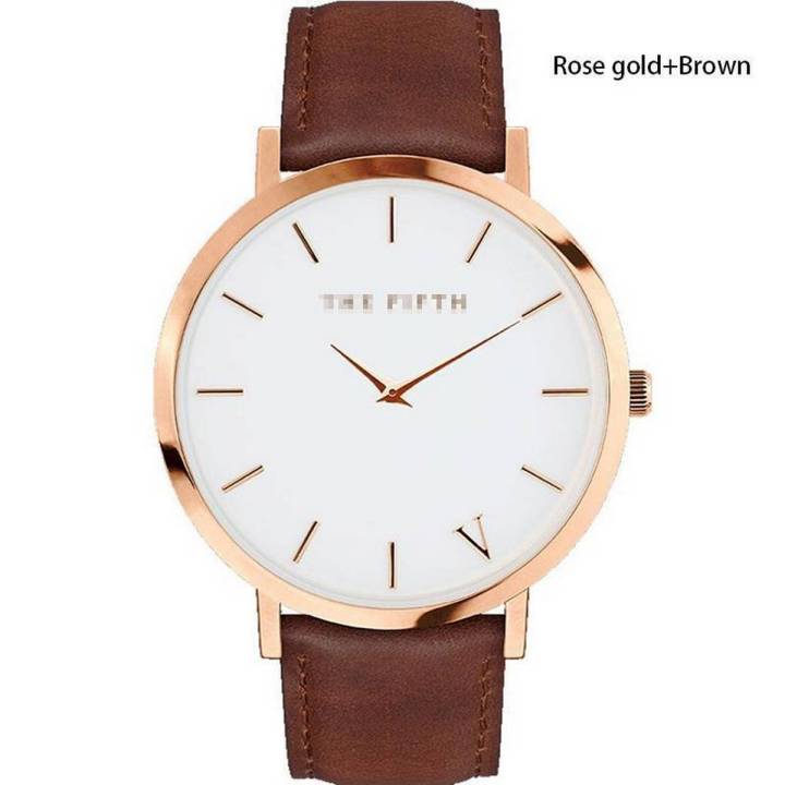 High Quality Store New The Fifth Brand Women Men Casual Simple Quartz Analog Watch Golden Leather Band Wrist Watches - intl